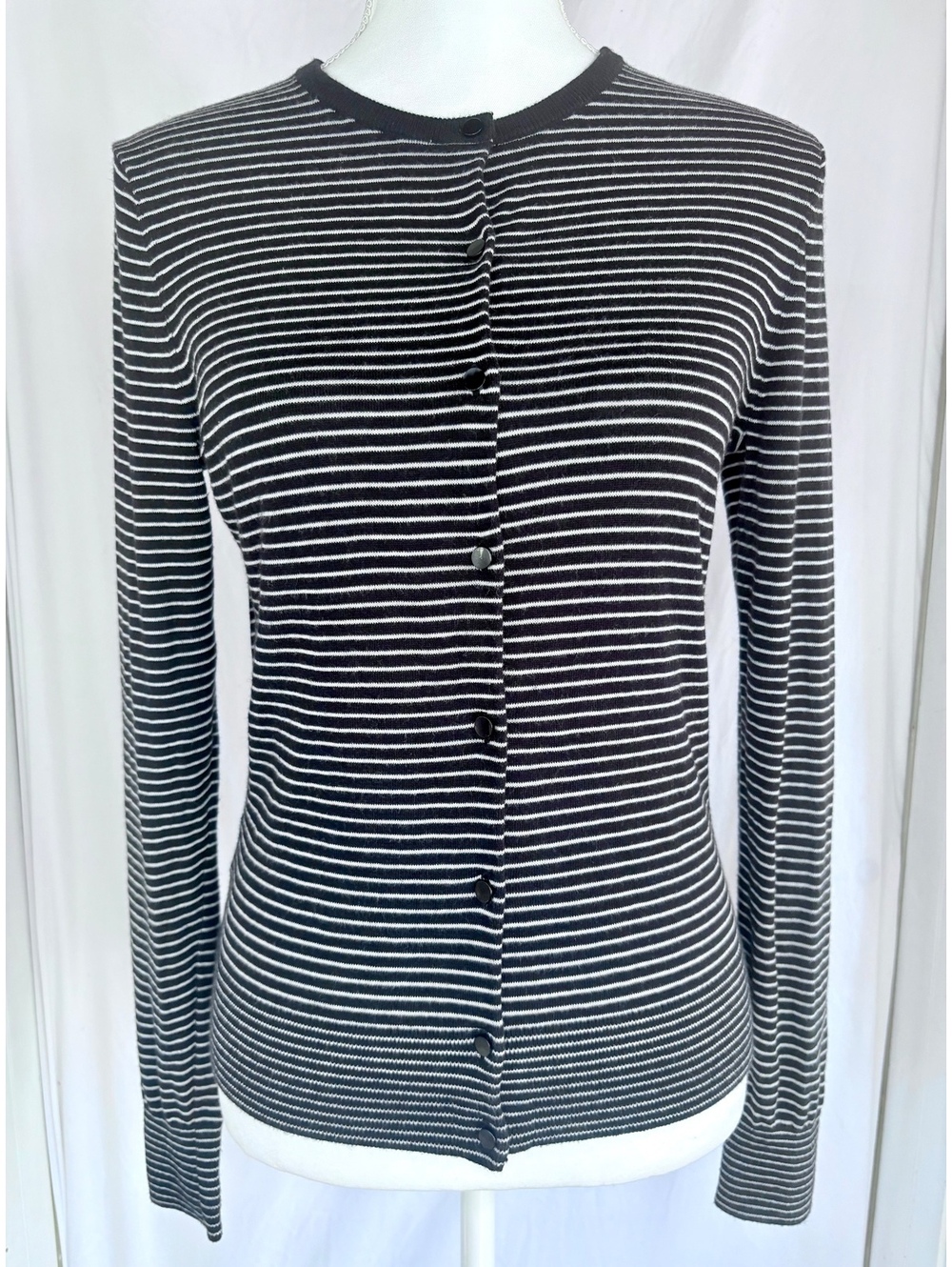Ann Taylor Striped Button Front Cardigan Sweater Small Black White Knit